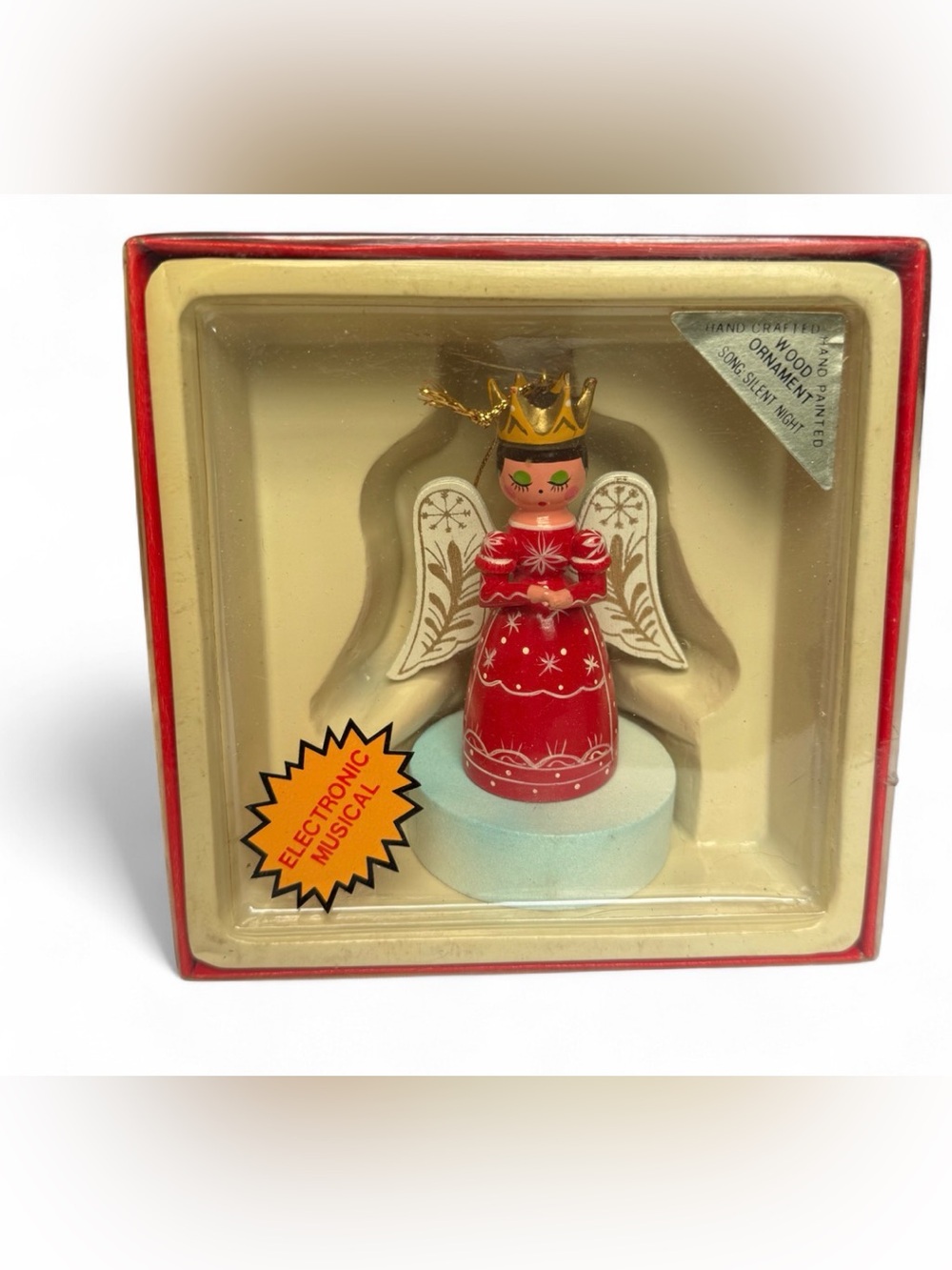 Vtg 80s telco red white gold angel wings Musical Wooden Ornament Christmas